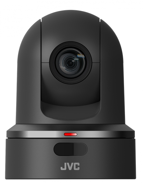 Black PTZ security camera with motorized dome and base, front view