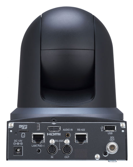 Black PTZ camera dome with status light; side view of base control ports