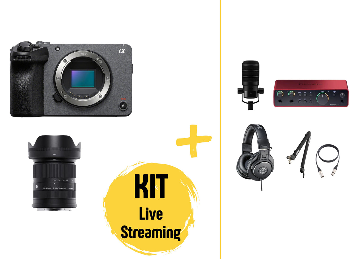 Pachet streaming: Sony FX30, obiectiv, microfon, interfață audio, căști