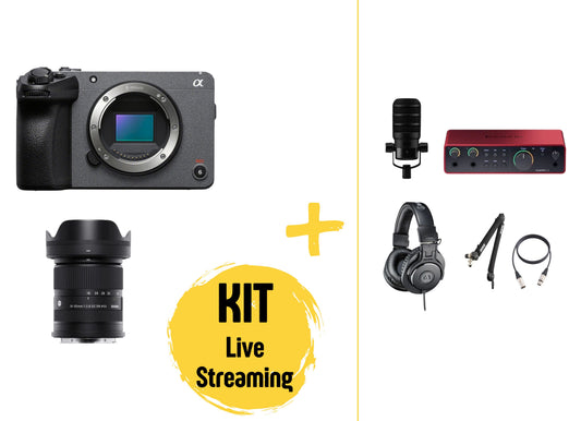 Pachet streaming: Sony FX30, obiectiv, microfon, interfață audio, căști