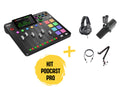 Stație audio Rodecaster Pro II cu căști și microfon Shure SM7B, accesorii cabluri și suport.