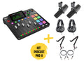 Set podcast PRO II: consolă audio, 2 microfoane, căști, brațe suspendate și cabluri