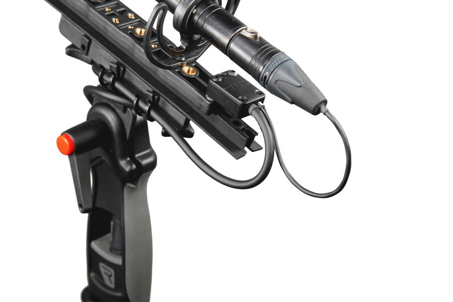 CB1 XLR-3F connector box with port panel and two cables, attached to grip handle.