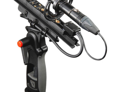 CB1 XLR-3F connector box with port panel and two cables, attached to grip handle.
