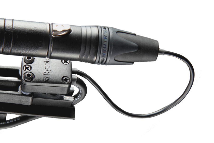 XLR-3F connector box end view with black cable loop and mounted bracket, close-up.