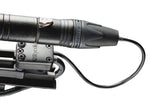 XLR-3F connector box end view with black cable loop and mounted bracket, close-up.