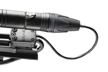 XLR-3F connector box end view with black cable loop and mounted bracket, close-up.