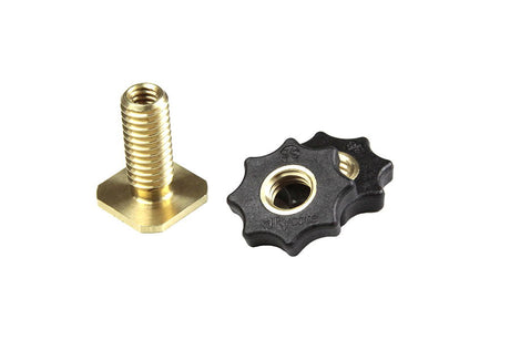 Gold 3/8" thread post and matching black hot shoe clamp with center hole
