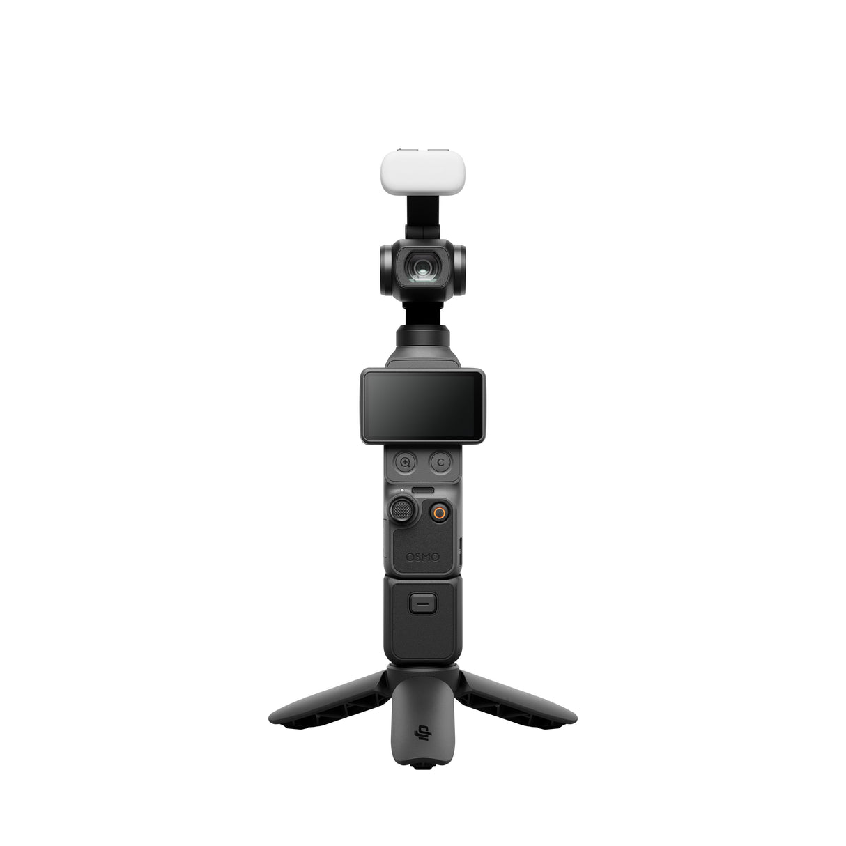 Handheld gimbal camera with white top cover, screen and side ports visible