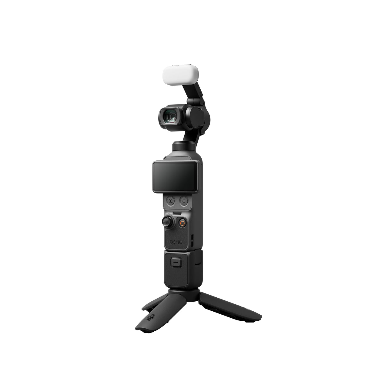 Black handheld gimbal camera with white windscreen, front lens and screen visible