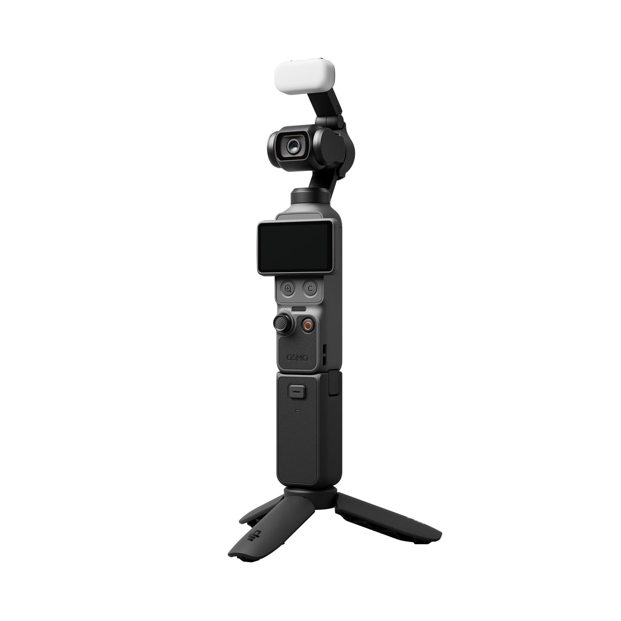 Black gimbal camera with touchscreen display and front lens, white windscreen on top