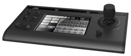 Slanted view of black PTZ camera controller with joystick and numeric keypad