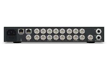Live production switcher rear panel with SDI input/output BNC ports and audio jacks