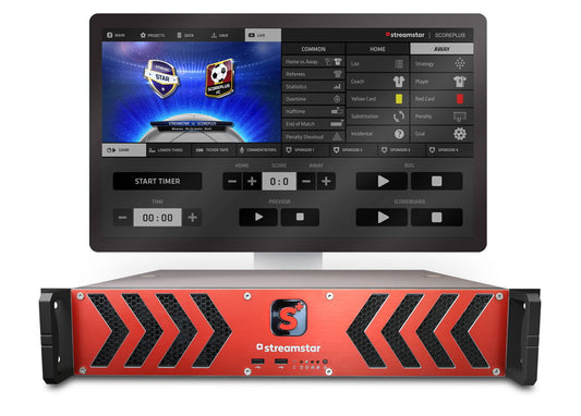 Scoreplus server rack unit front panel with red arrow graphics