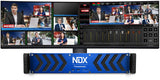 NDX live multicam system unit, blue chevrons on black rack chassis