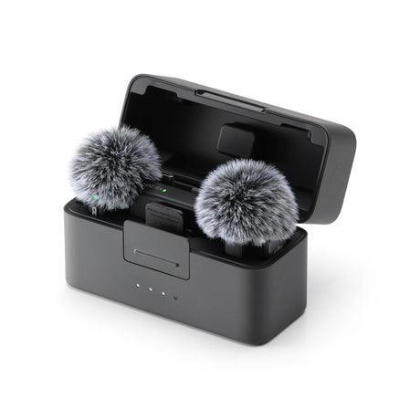 Set microfoane wireless cu 2 capsule cu puf, în cutie deschisă