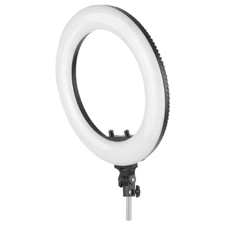 Bicolor LED ring light with white circular frame and stand mount