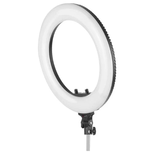 Bicolor LED ring light with white circular frame and stand mount
