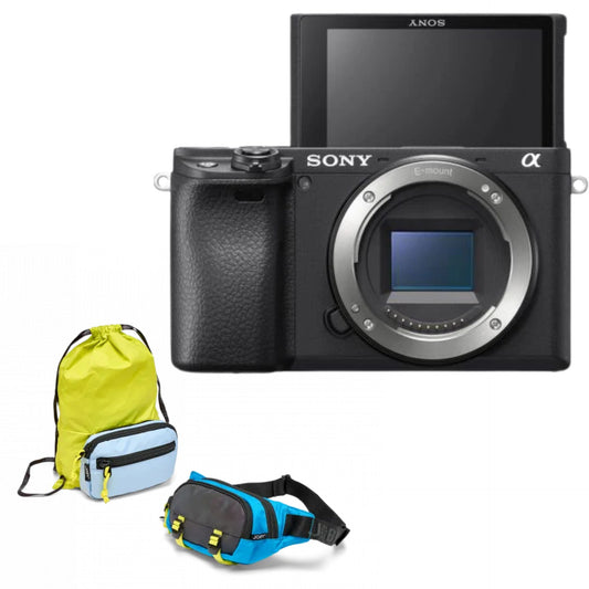 Aparat foto mirrorless Sony A6400 cu husă și geantă pentru accesorii