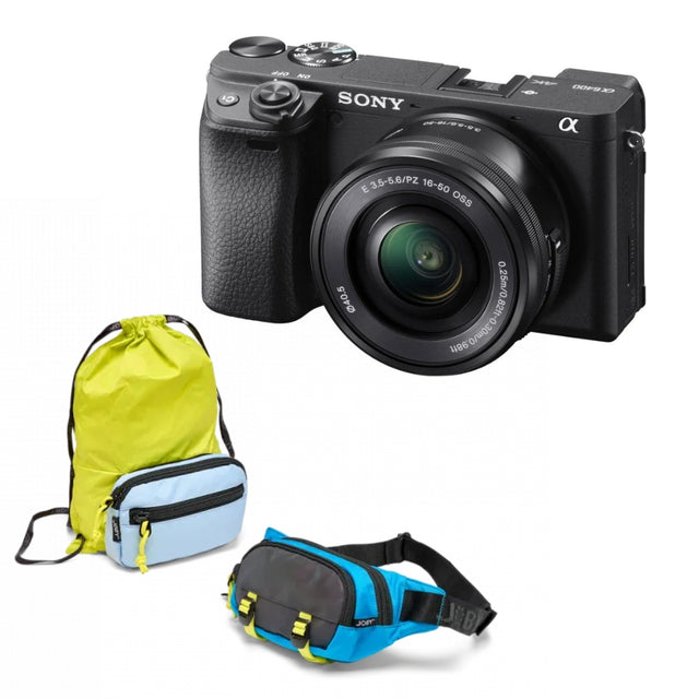Aparat foto mirrorless Sony cu obiectiv 16–50 mm și două genți de transport