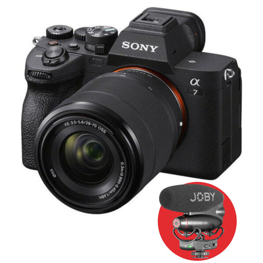 Cameră Sony A7 IV neagră cu obiectiv 28-70mm și accesoriu