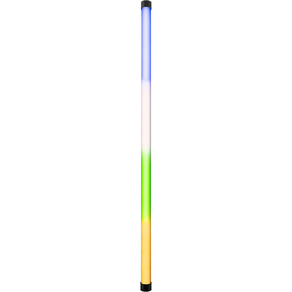 LED tube light glowing vertical in blue, green, and orange gradient