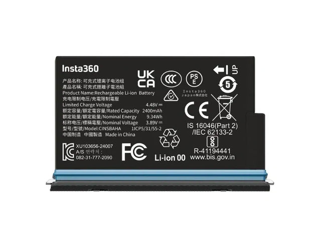 Acumulator Insta360 pentru X5, baterie Li-ion neagră, etichete cu specificații