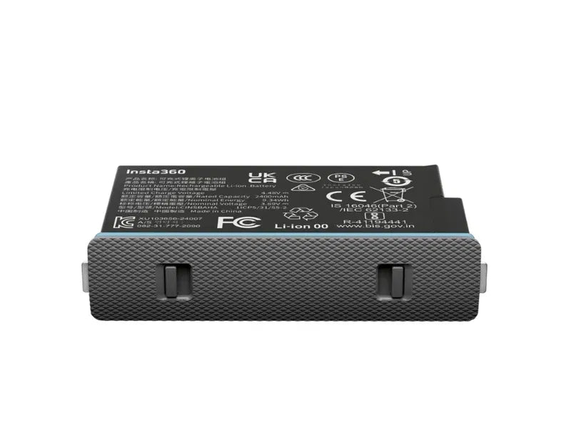 Acumulator Insta360 pentru X5, baterie Li-ion neagră, vedere din față cu suporturi laterale