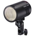 Portable 100W flash head with round front reflector and adjustable mounting bracket