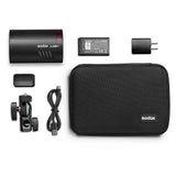 Portable 100W flash kit: flash unit, battery, cable, mount pieces, and carrying case
