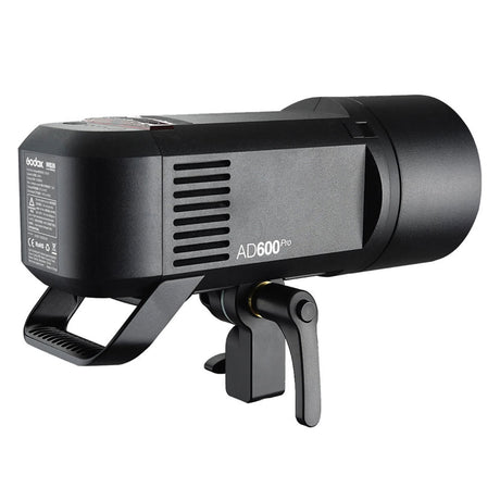 AD600 Pro strobe from the side, showing vents, side label, and mounting handle