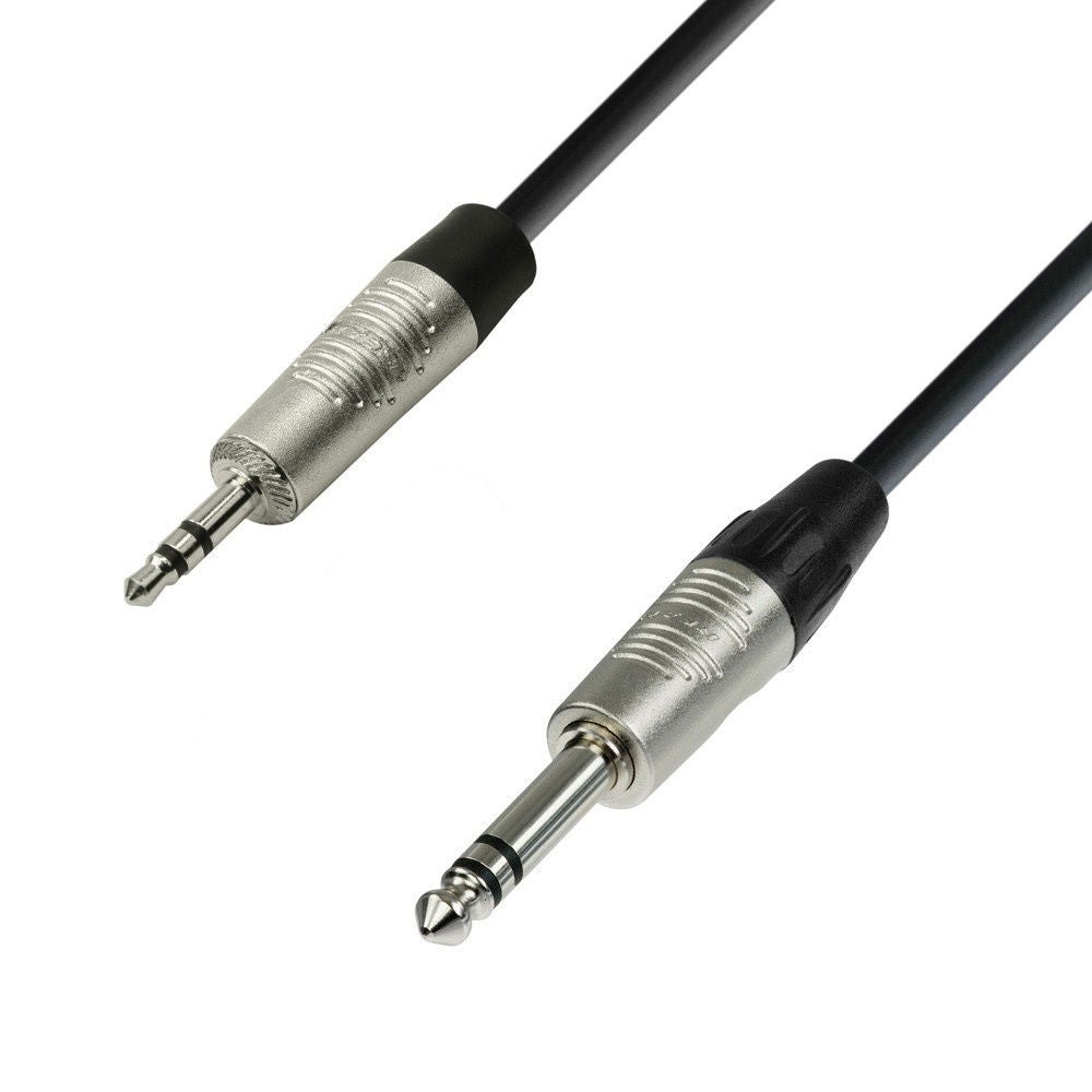 Audio cable connectors with black cable and silver metal plug tips