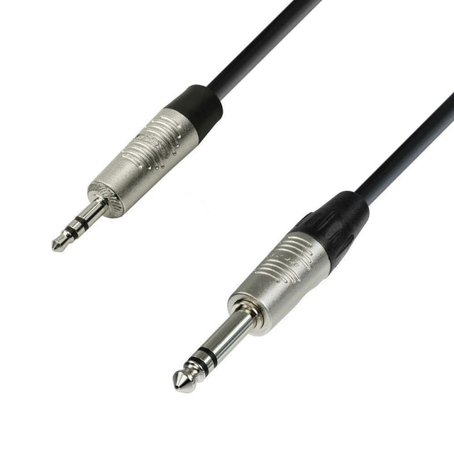 Audio cable connectors with black cable and silver metal plug tips