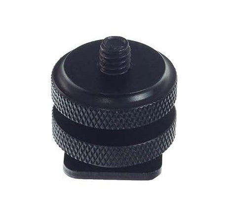 Black 3/8 screw foot adapter with textured grip and central threaded stud