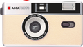 Beige 35mm reusable film camera with focus-free lens and side flash window