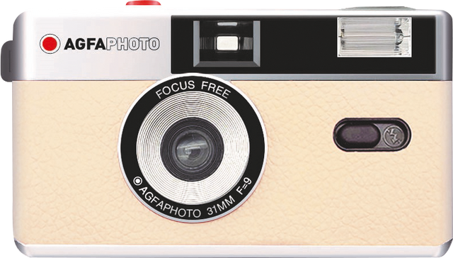 Beige 35mm reusable film camera with focus-free lens and side flash window