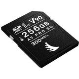 SDXC AV Pro memory card labeled 256GB V90 300 MB/s, angled