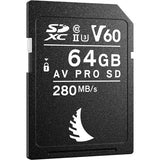 64GB AV Pro SDXC V60 SD card, 280MB/s, black label with V60 branding