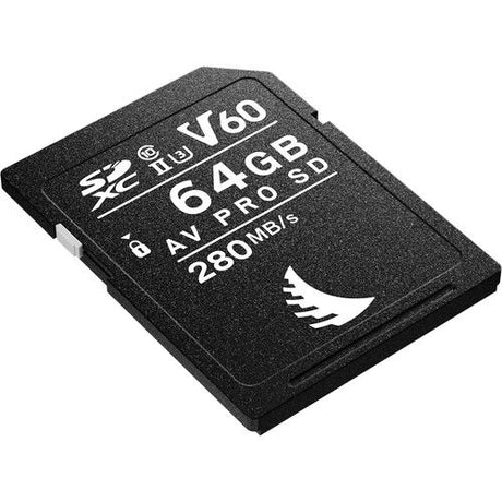 SDXC memory card with 64GB text and V60 marking, angled view, 280MB/s