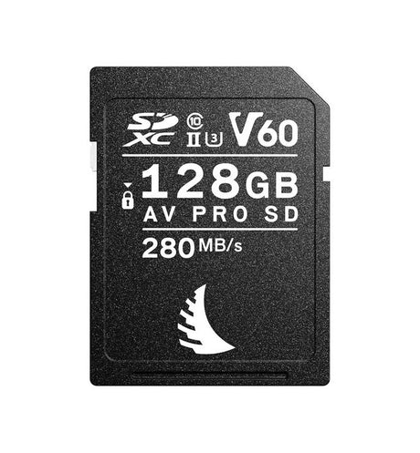 128GB AV Pro SDXC UHS-II V60 SD card, black face, 280MB/s read speed