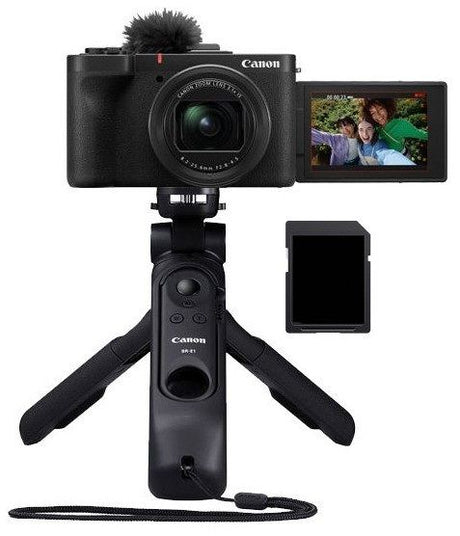 Aparat foto compact Canon cu ecran rabatabil și trepied pentru vlogging, negru