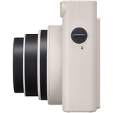 Chalk white Instax SQ1 instant camera side view with black strap mount