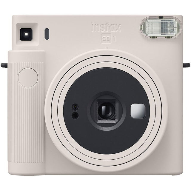 Chalk white Instax SQ1 instant camera front with lens, flash, and viewfinder
