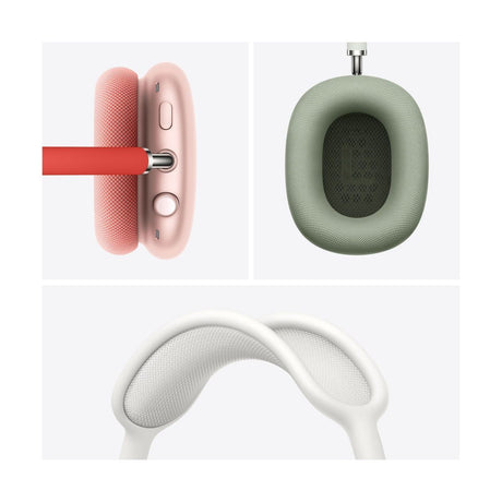 Pink over-ear headphones side view with control buttons and ear cushion hinge