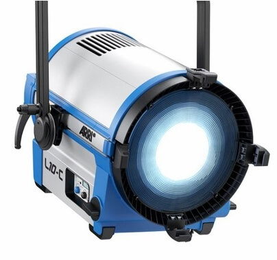 LED Fresnel L10-C with blue housing and glowing front lens, yoke supports