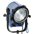 Blue stage light with front lens and barn doors, mounted on a black yoke stand