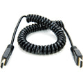 Cablu HDMI spiralat negru, cu conectori HDMI la ambele capete.