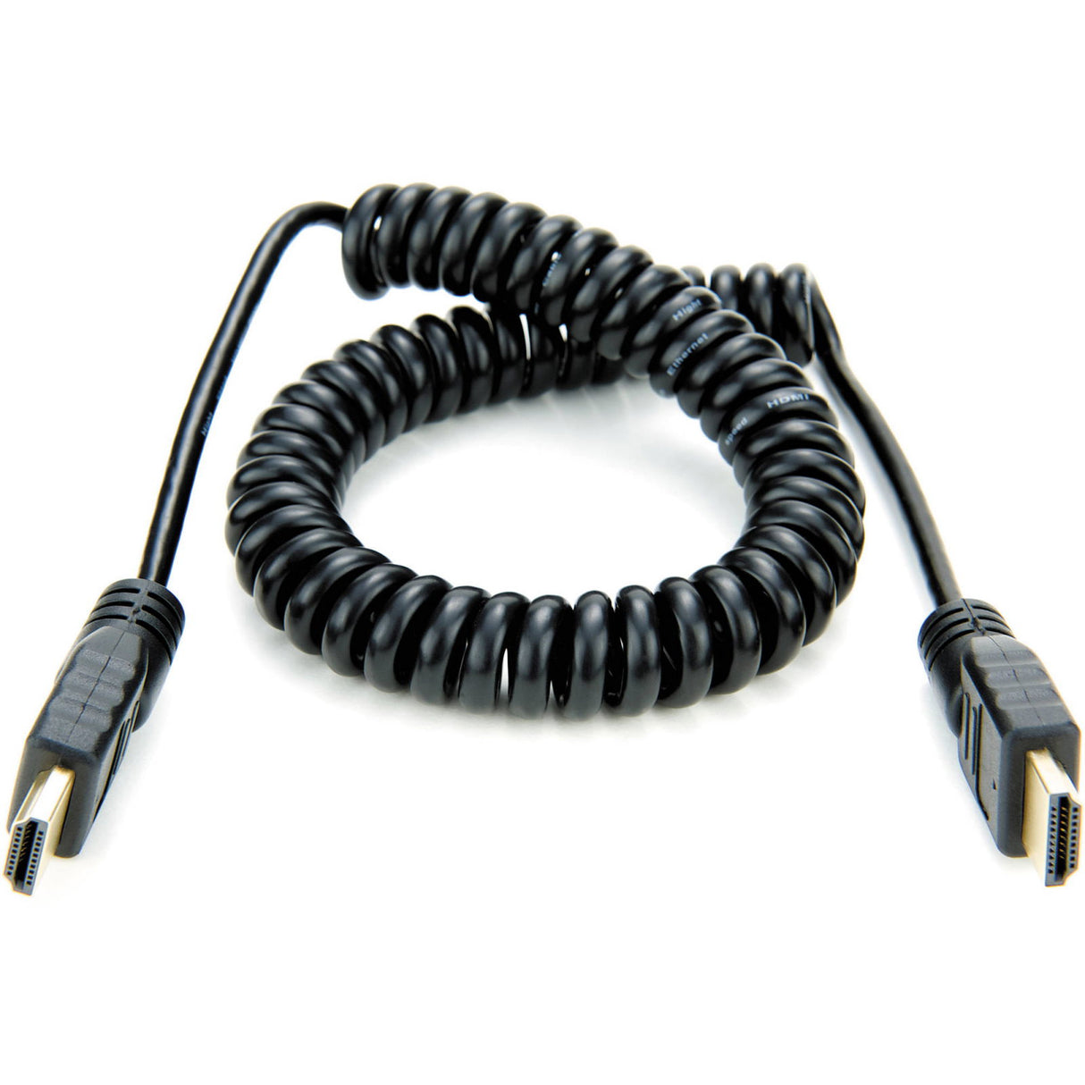 Cablu HDMI spiralat negru, cu conectori HDMI la ambele capete.