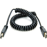 Cablu HDMI spiralat negru, cu conectori HDMI la ambele capete.