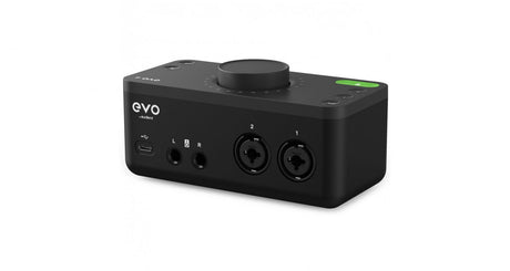 Black USB audio interface front panel with large top knob and two combo input jacks